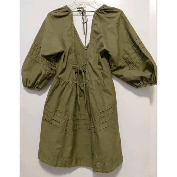 Free People Sweet Surrender Military Green Denim Dress Puff Sleeves Large - Picture 7 of 12